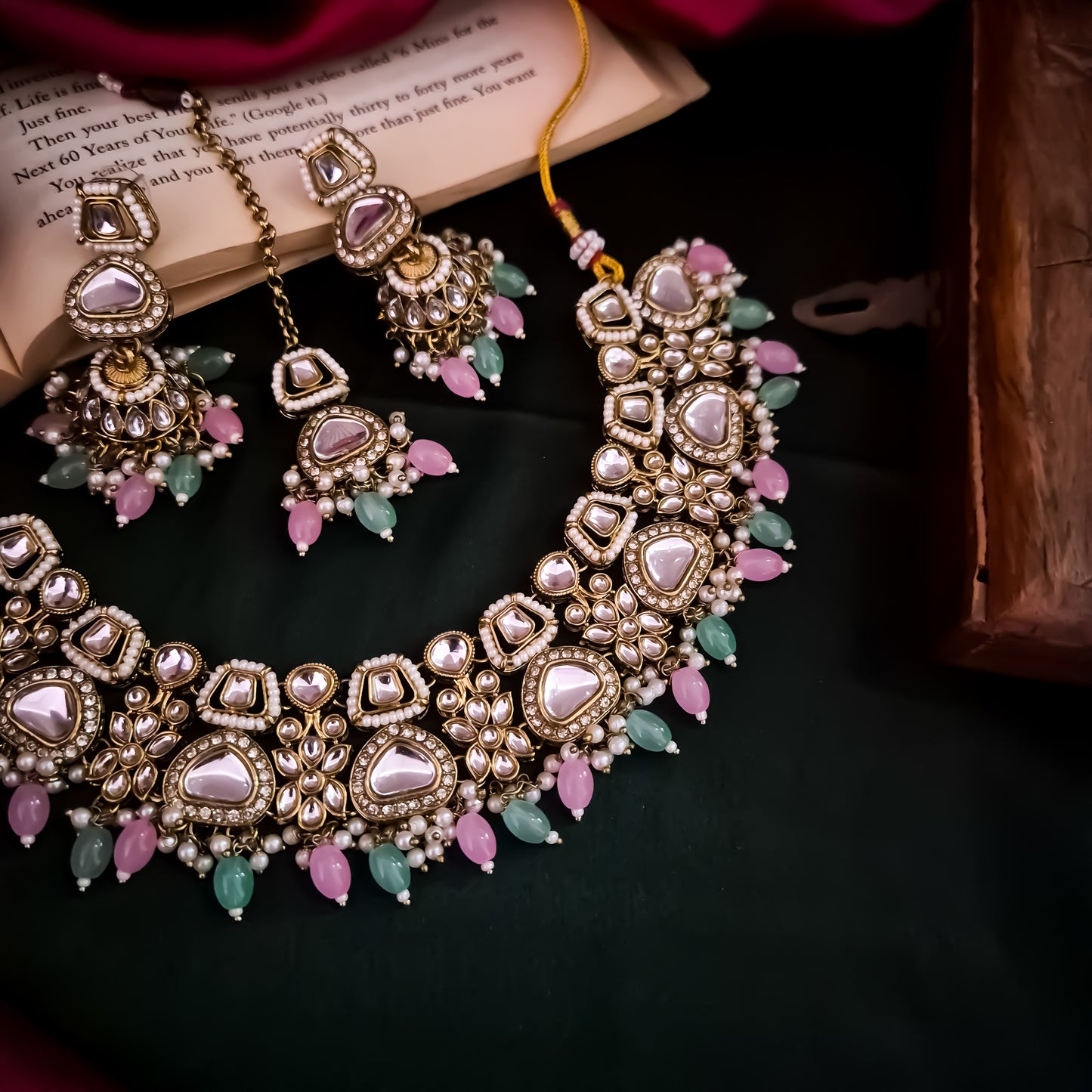 Ramsha Royal Kundan Necklace Set - Pastel Pink & Green