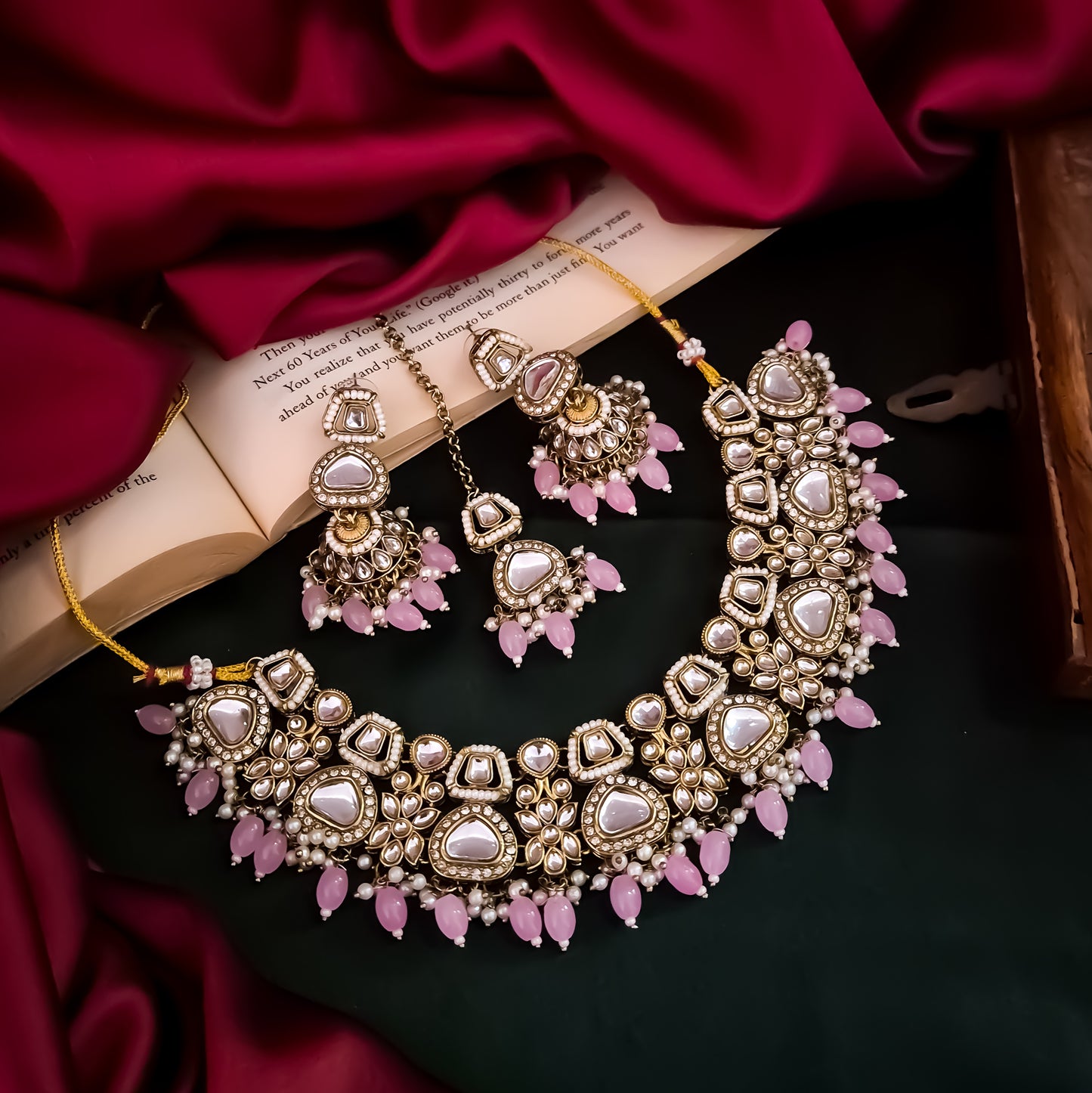 Ramsha Royal Kundan Necklace Set - Pastel Pink