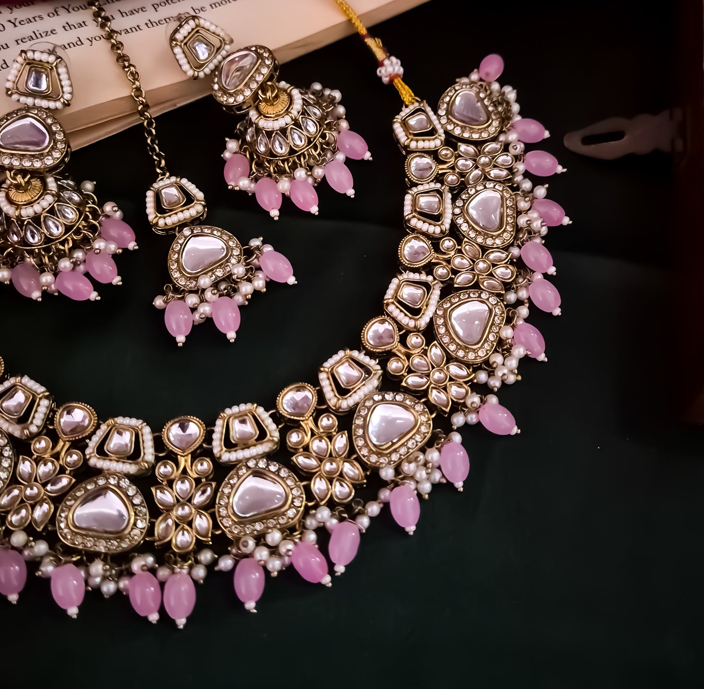 Ramsha Royal Kundan Necklace Set - Pastel Pink