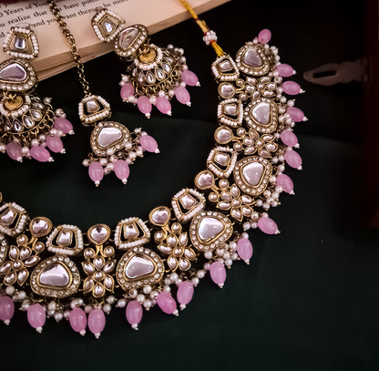 Ramsha Royal Kundan Necklace Set - Pastel Pink