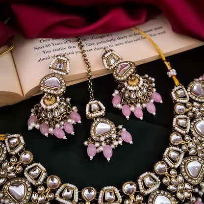 Ramsha Royal Kundan Necklace Set - Pastel Pink