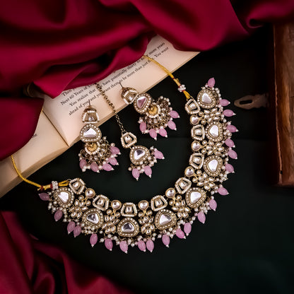 Ramsha Royal Kundan Necklace Set - Pastel Pink