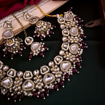 Ramsha Royal Kundan Necklace Set - Maroon