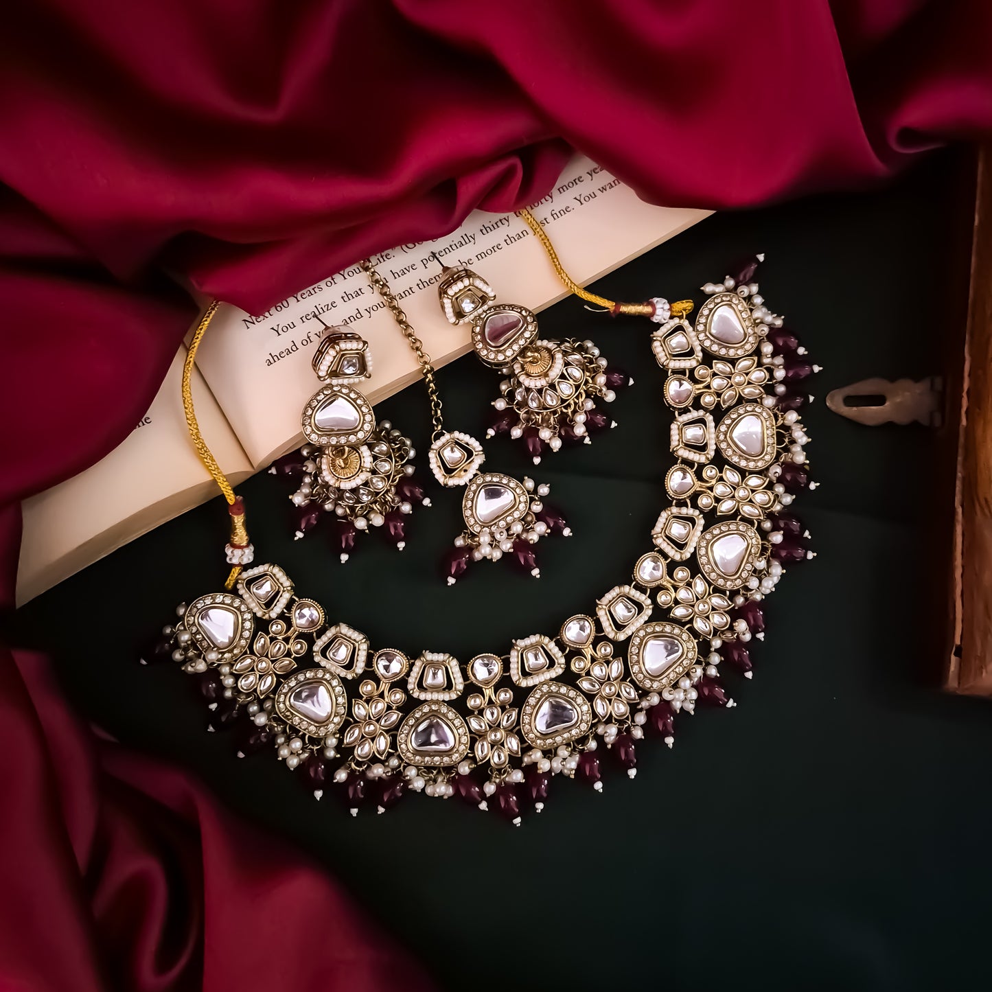 Ramsha Royal Kundan Necklace Set - Maroon