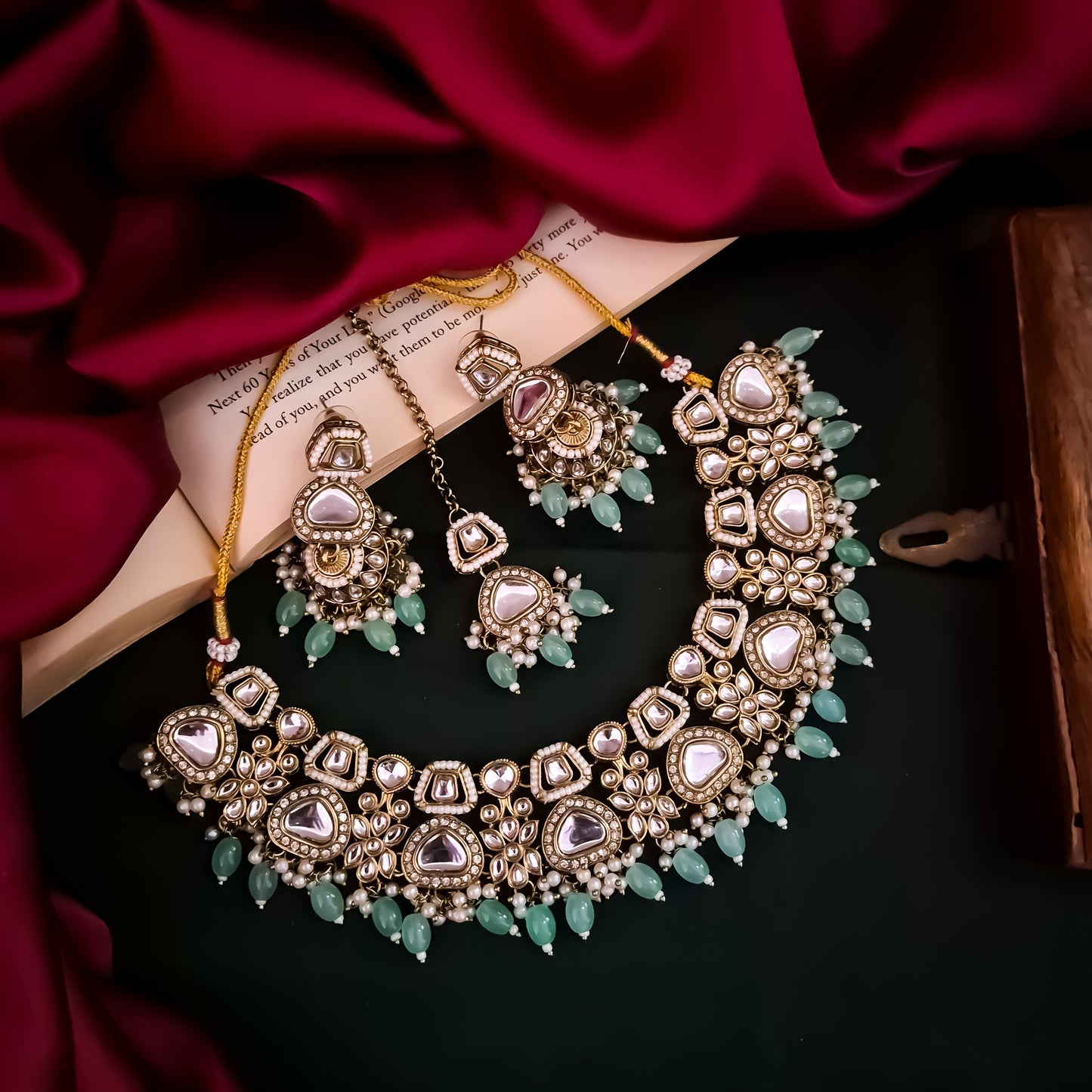 Ramsha Royal Kundan Necklace Set - Pastel Green