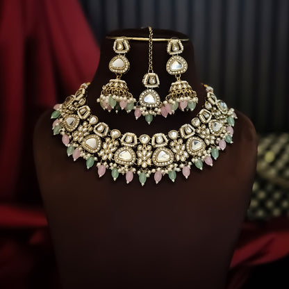 Ramsha Royal Kundan Necklace Set - Pastel Pink & Green
