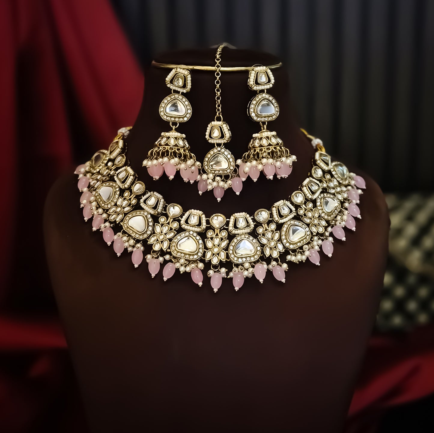 Ramsha Royal Kundan Necklace Set - Pastel Pink