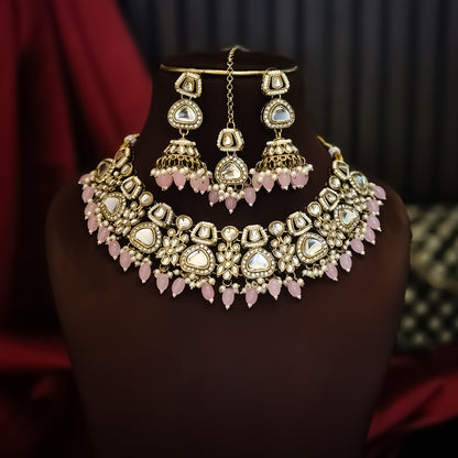 Ramsha Royal Kundan Necklace Set - Pastel Pink