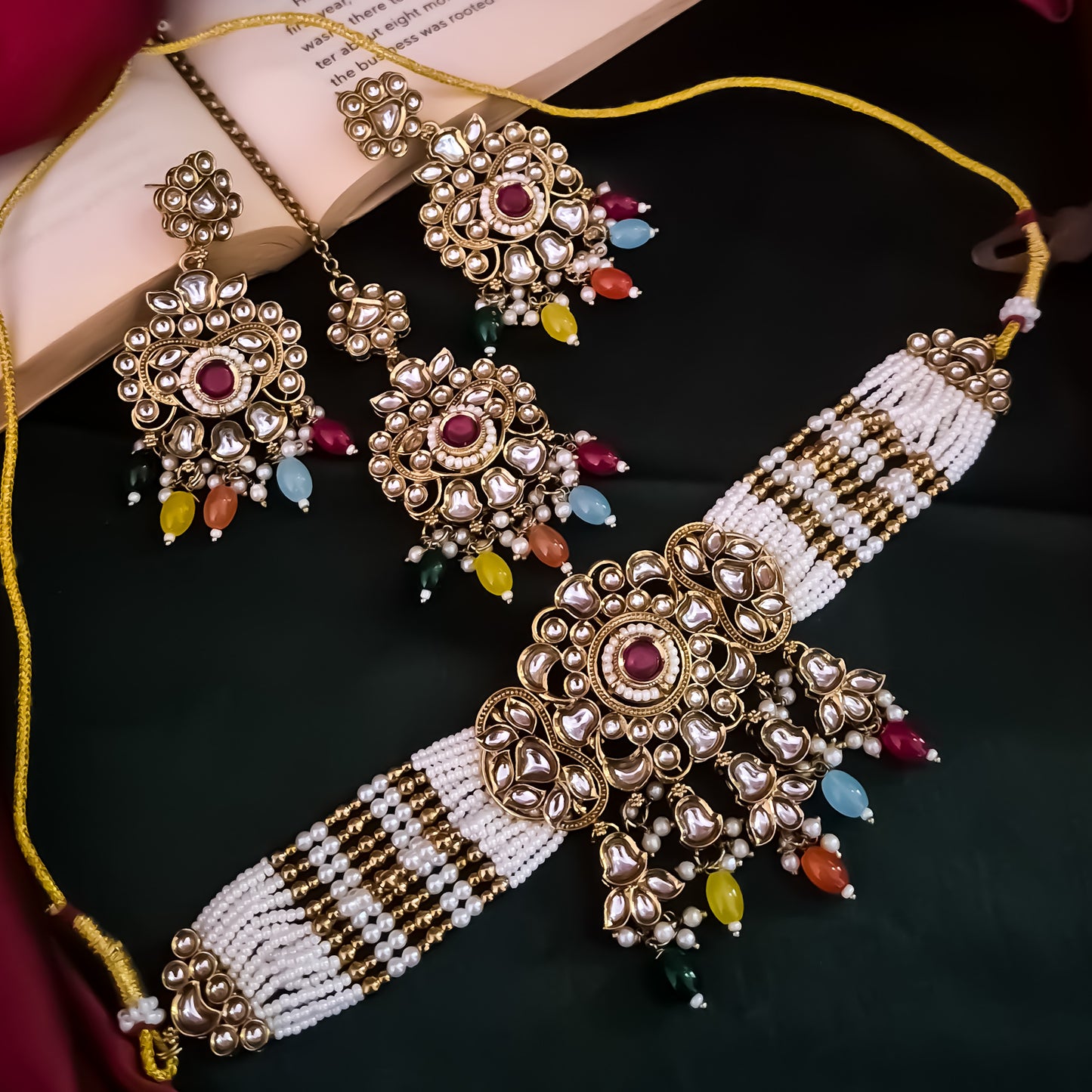 Sajal Royal Dabi Kundan Choker Necklace Set - Multi