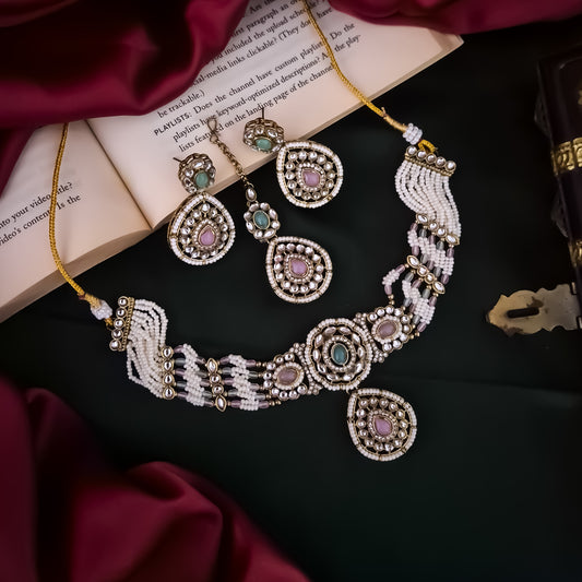 Sanjana Royal Dabi Kundan Choker Necklace Set - Pastel Pink & Green
