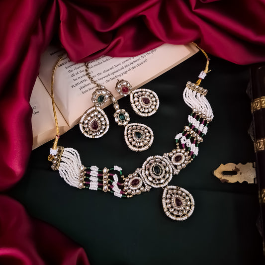 Sanjana Royal Dabi Kundan Choker Necklace Set - Pink & Green