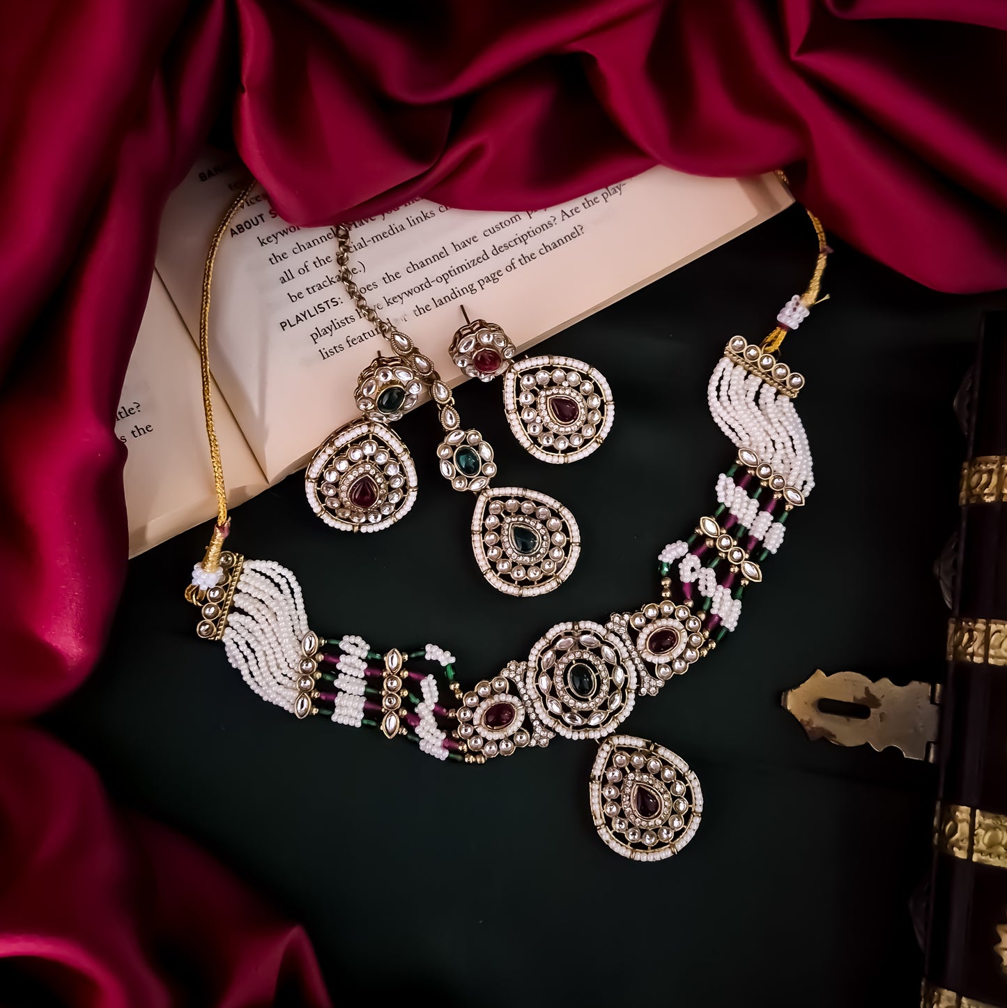 Sanjana Royal Dabi Kundan Choker Necklace Set - Pink & Green