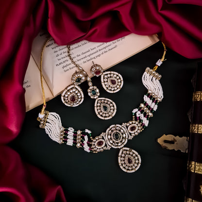 Sanjana Royal Dabi Kundan Choker Necklace Set - Pink & Green