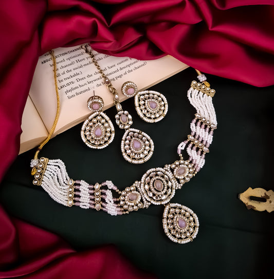 Sanjana Royal Dabi Kundan Choker Necklace Set - Pastel Pink