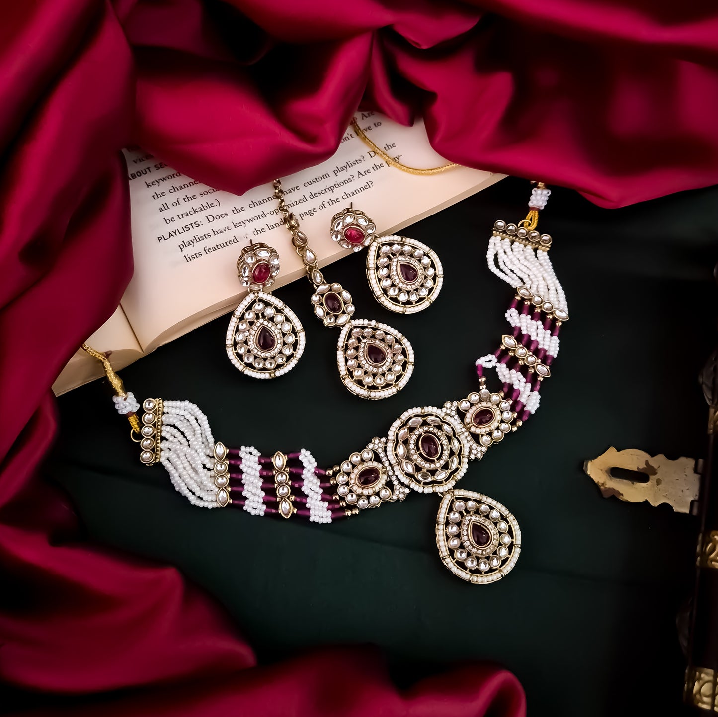 Sanjana Royal Dabi Kundan Choker Necklace Set - Wine