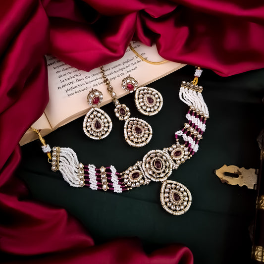 Sanjana Royal Dabi Kundan Choker Necklace Set - Wine