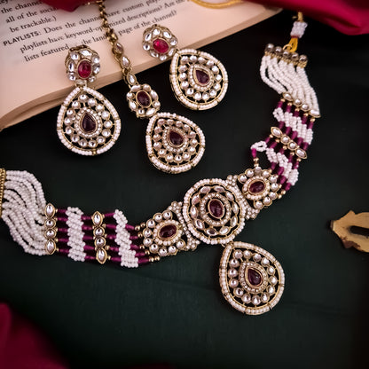 Sanjana Royal Dabi Kundan Choker Necklace Set - Wine