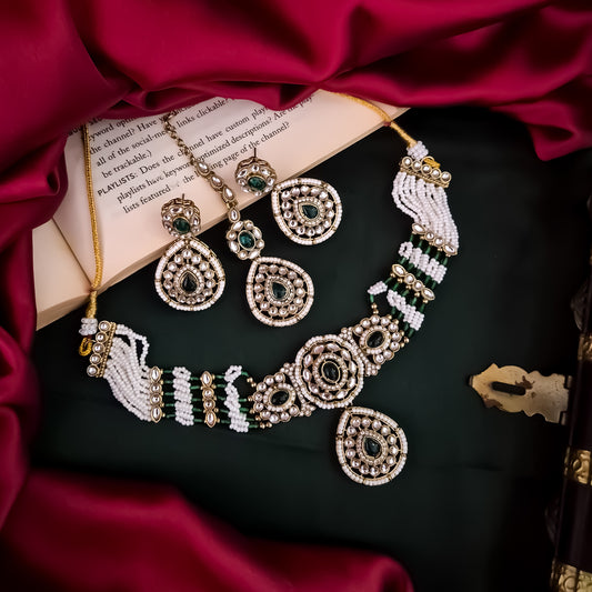 Sanjana Royal Dabi Kundan Choker Necklace Set - Green