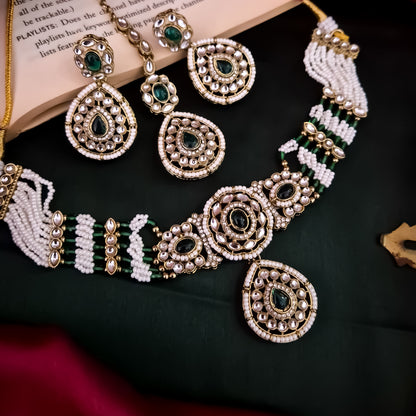 Sanjana Royal Dabi Kundan Choker Necklace Set - Green