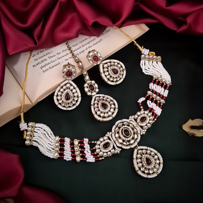 Sanjana Royal Dabi Kundan Choker Necklace Set - Maroon