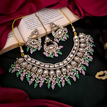 Rumaisa Jadau Kundan Necklace Set - Pastel Pink & Green