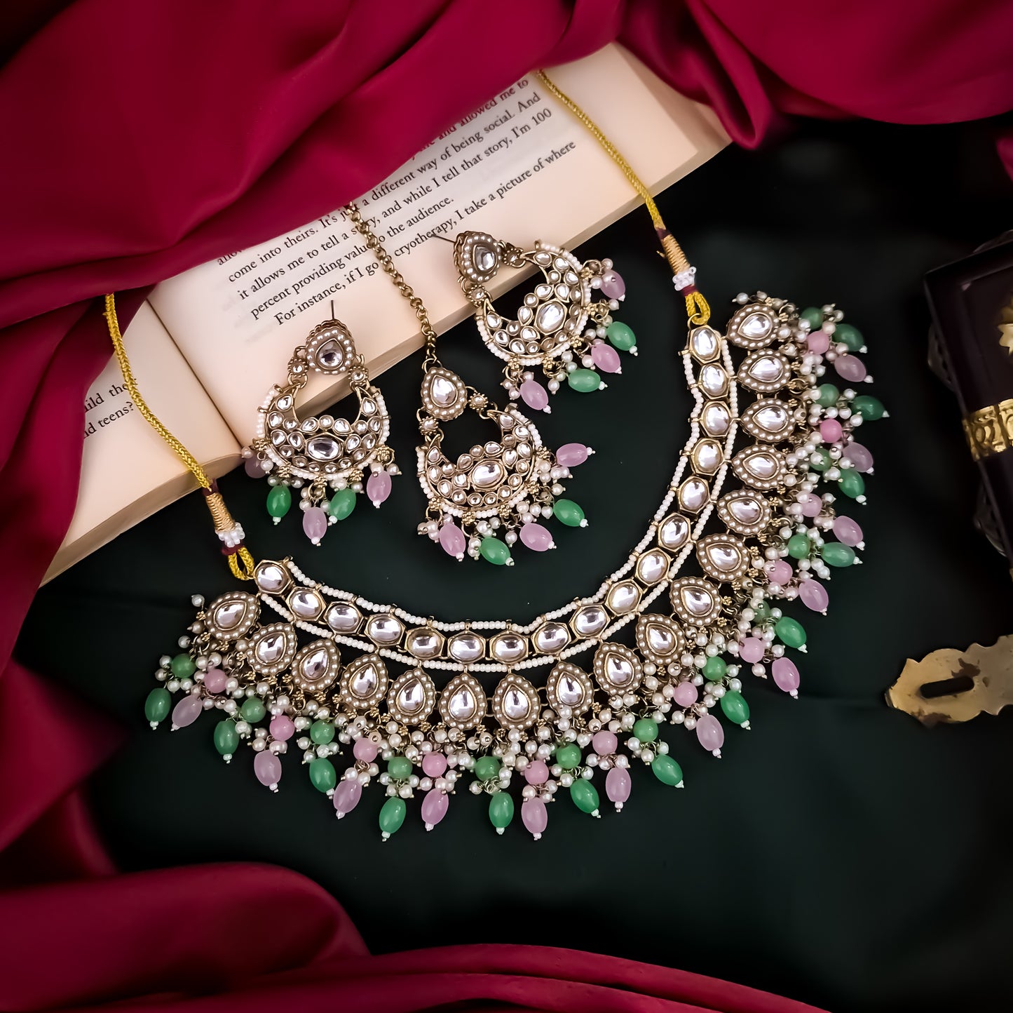 Rumaisa Jadau Kundan Necklace Set - Pastel Pink & Green