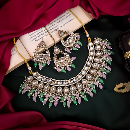 Rumaisa Jadau Kundan Necklace Set - Pastel Pink & Green