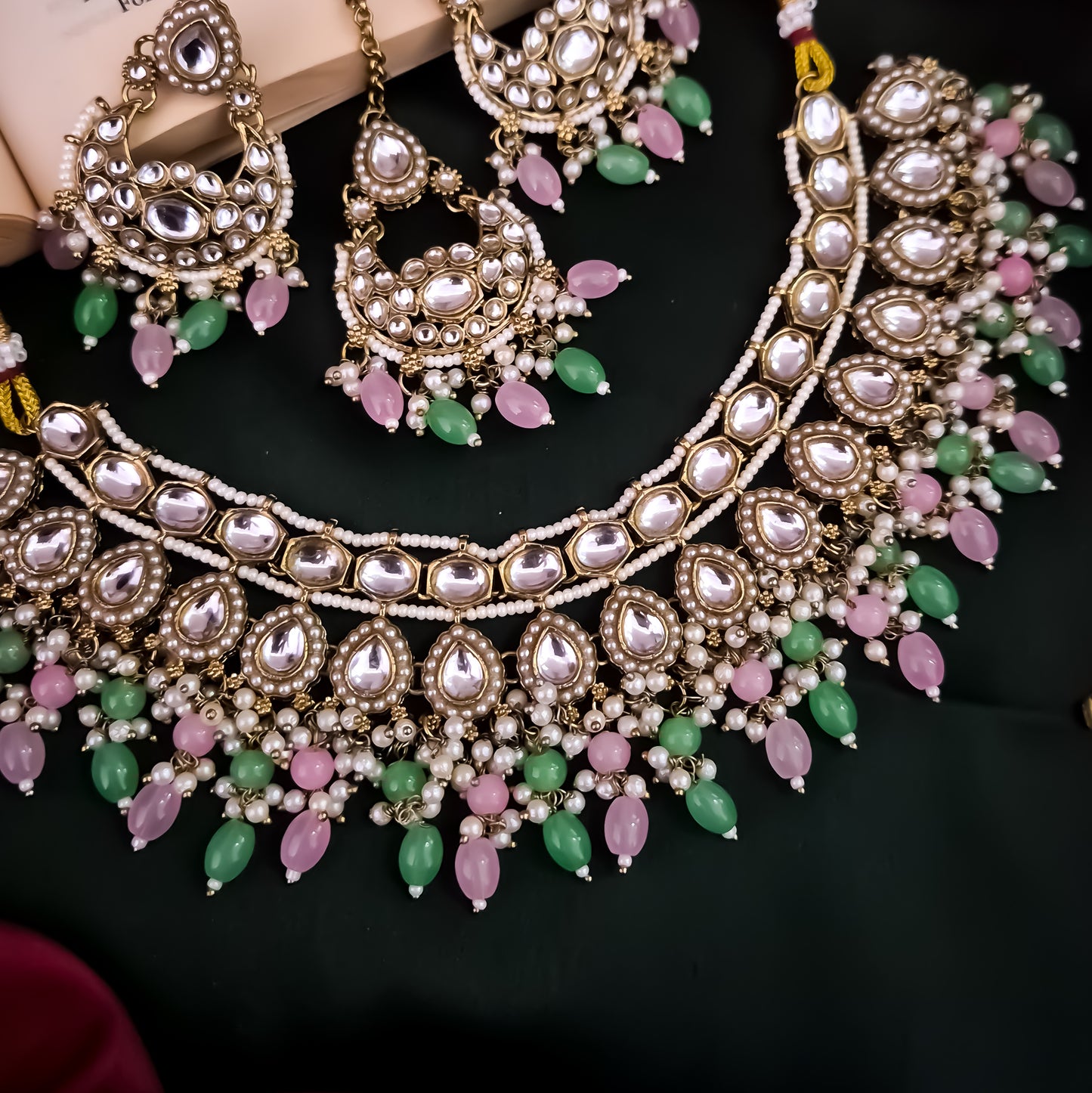 Rumaisa Jadau Kundan Necklace Set - Pastel Pink & Green