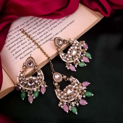 Rumaisa Jadau Kundan Necklace Set - Pastel Pink & Green