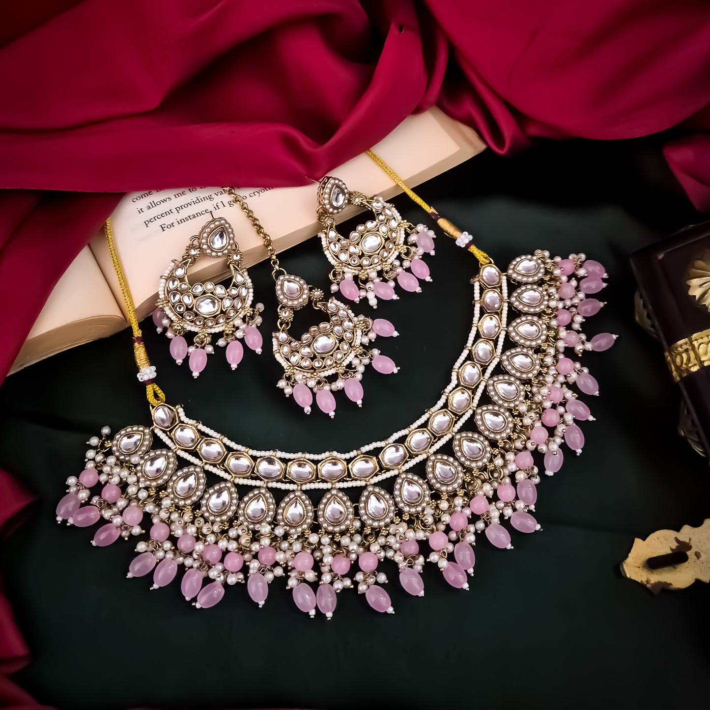 Rumaisa Jadau Kundan Necklace Set - Pastel Pink