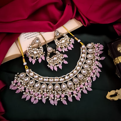 Rumaisa Jadau Kundan Necklace Set - Pastel Pink