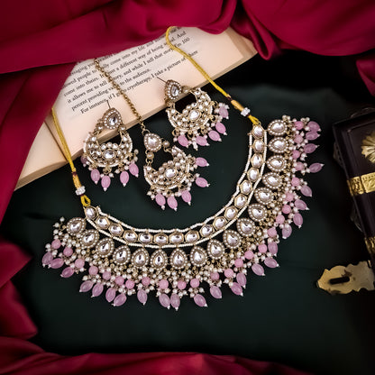 Rumaisa Jadau Kundan Necklace Set - Pastel Pink