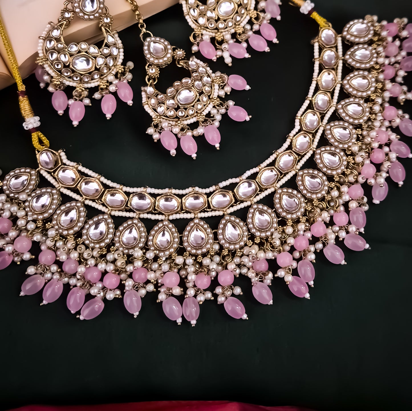 Rumaisa Jadau Kundan Necklace Set - Pastel Pink