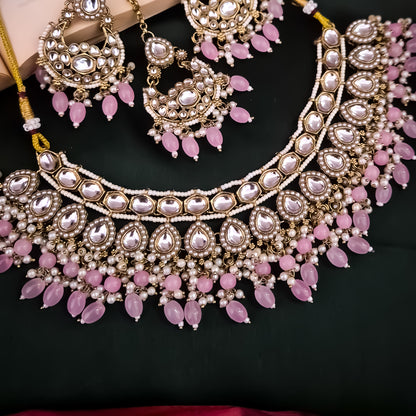 Rumaisa Jadau Kundan Necklace Set - Pastel Pink
