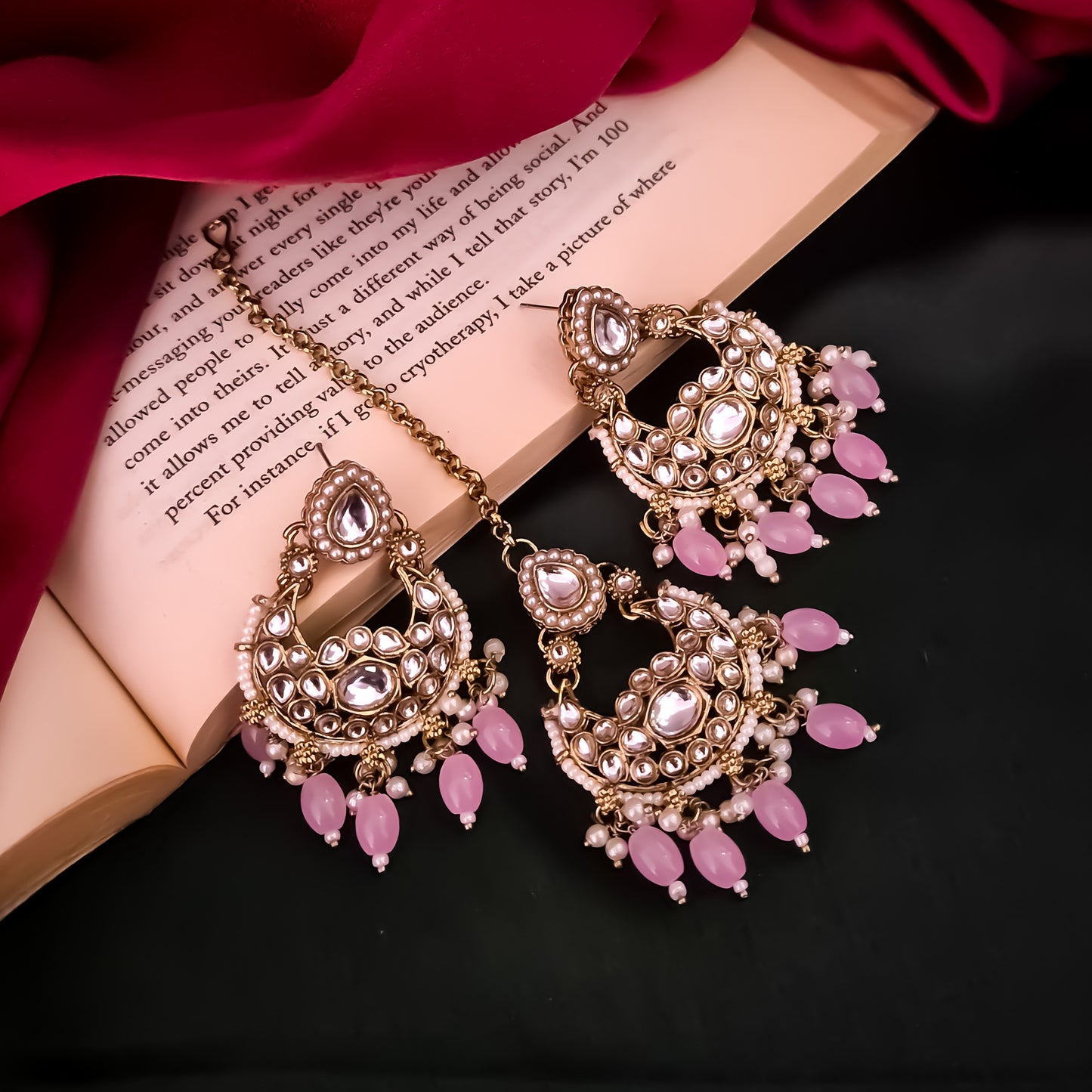 Rumaisa Jadau Kundan Necklace Set - Pastel Pink