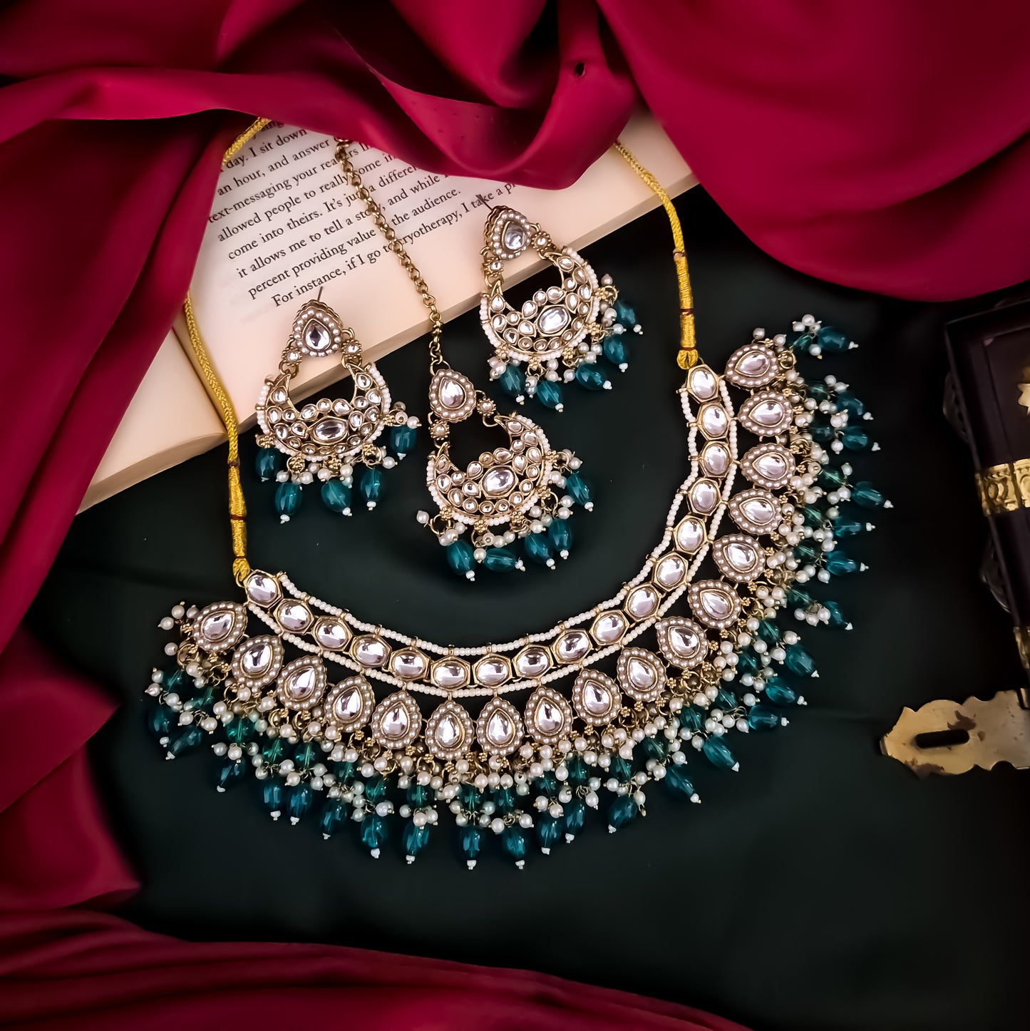 Rumaisa Jadau Kundan Necklace Set - Peacock Blue