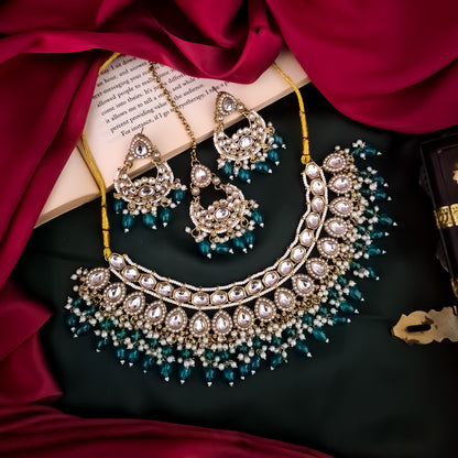 Rumaisa Jadau Kundan Necklace Set - Peacock Blue