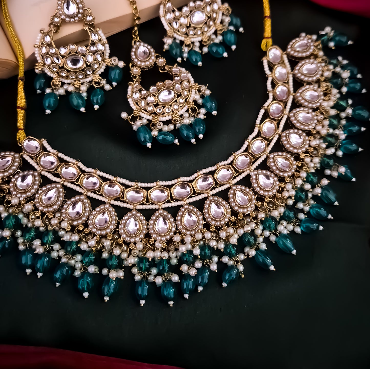 Rumaisa Jadau Kundan Necklace Set - Peacock Blue