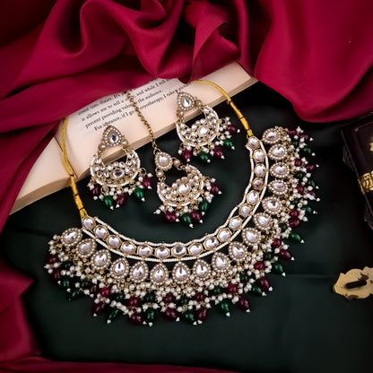 Rumaisa Jadau Kundan Necklace Set - Maroon & Green
