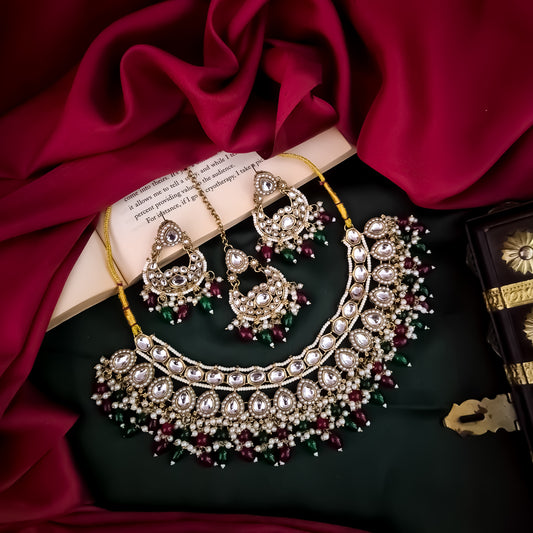 Rumaisa Jadau Kundan Necklace Set - Maroon & Green