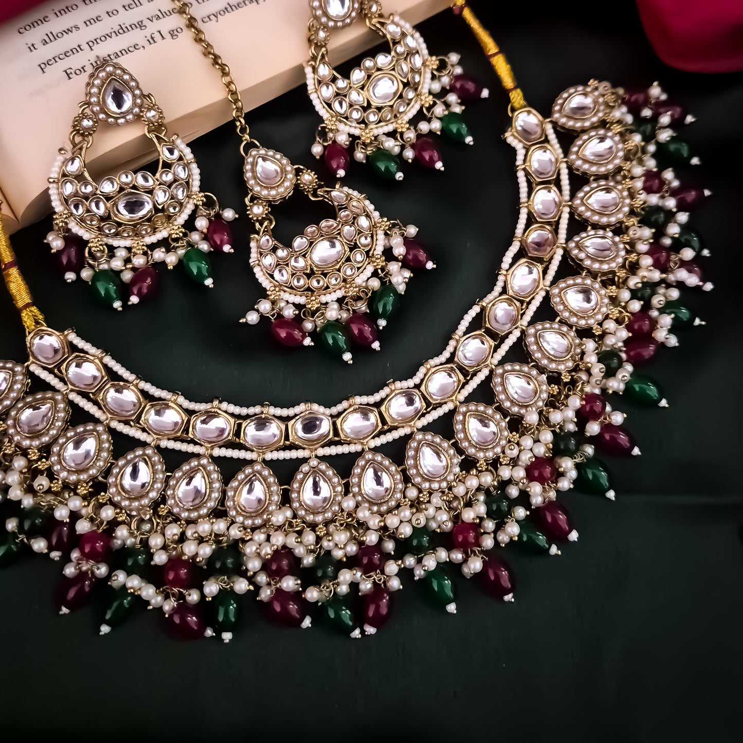 Rumaisa Jadau Kundan Necklace Set - Maroon & Green