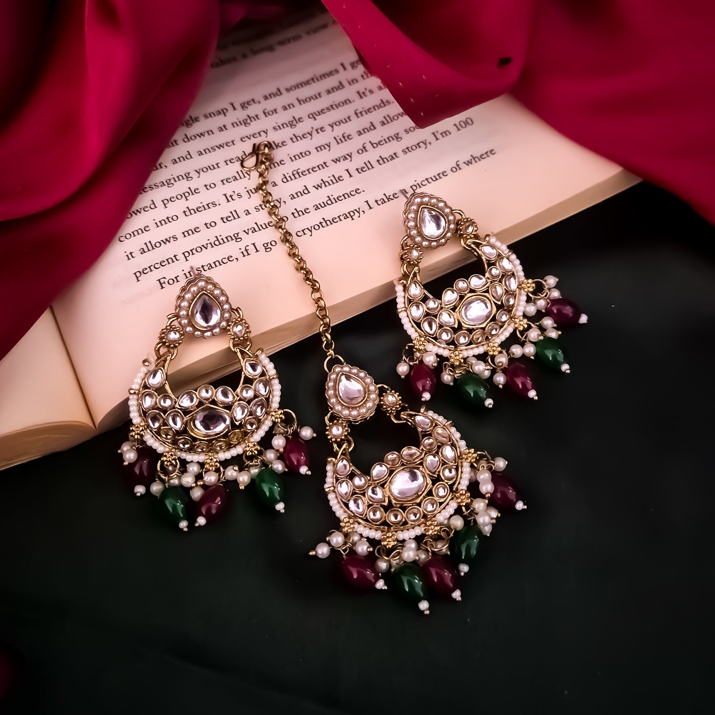 Rumaisa Jadau Kundan Necklace Set - Maroon & Green