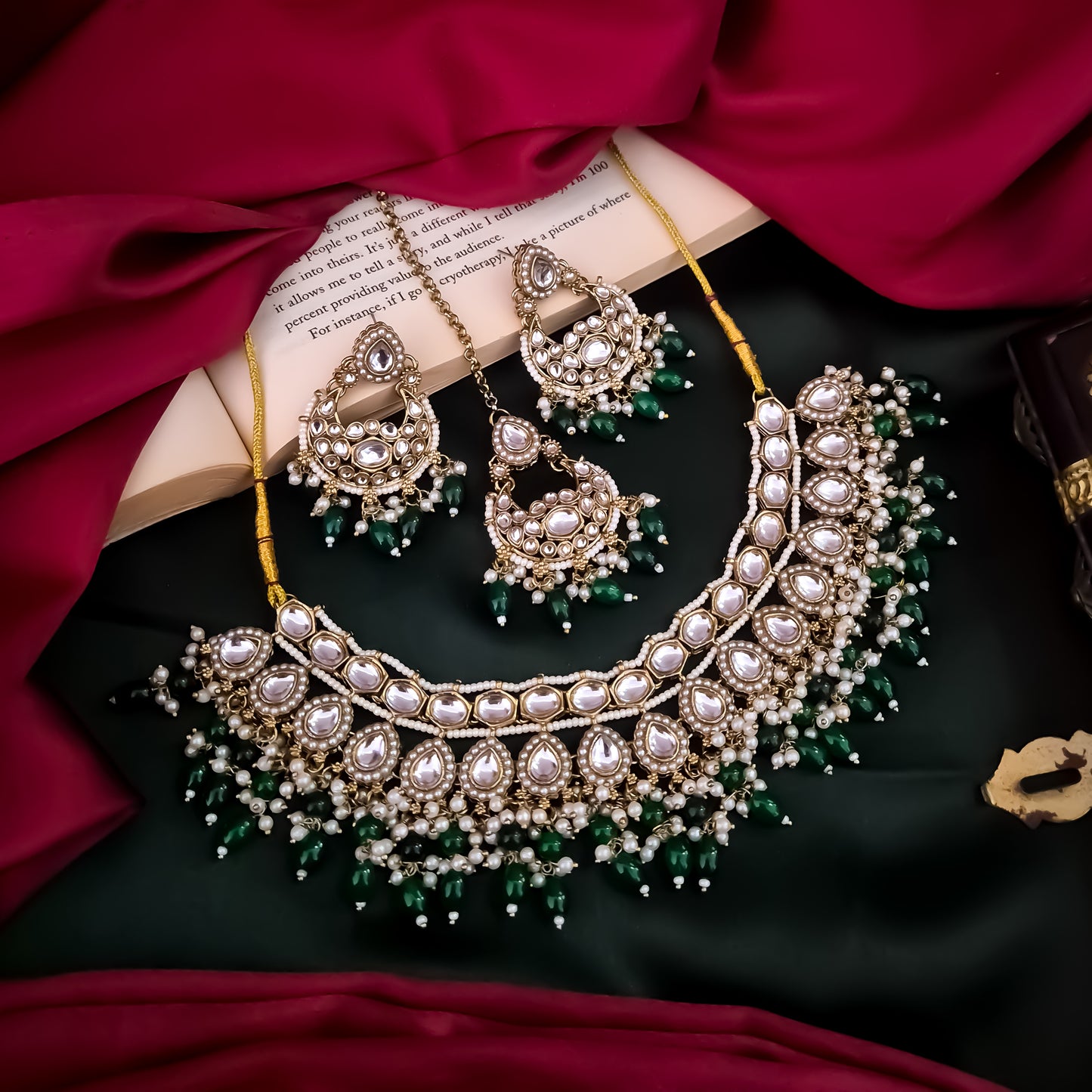 Rumaisa Jadau Kundan Necklace Set - Green