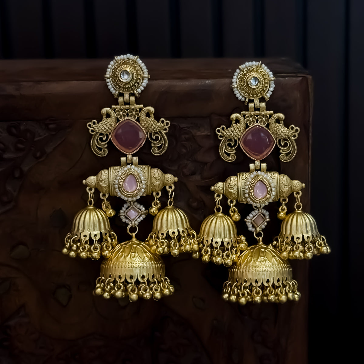 Falak Premium Kashmiri Matte Polish Jhumka Earrings - Pastel Pink