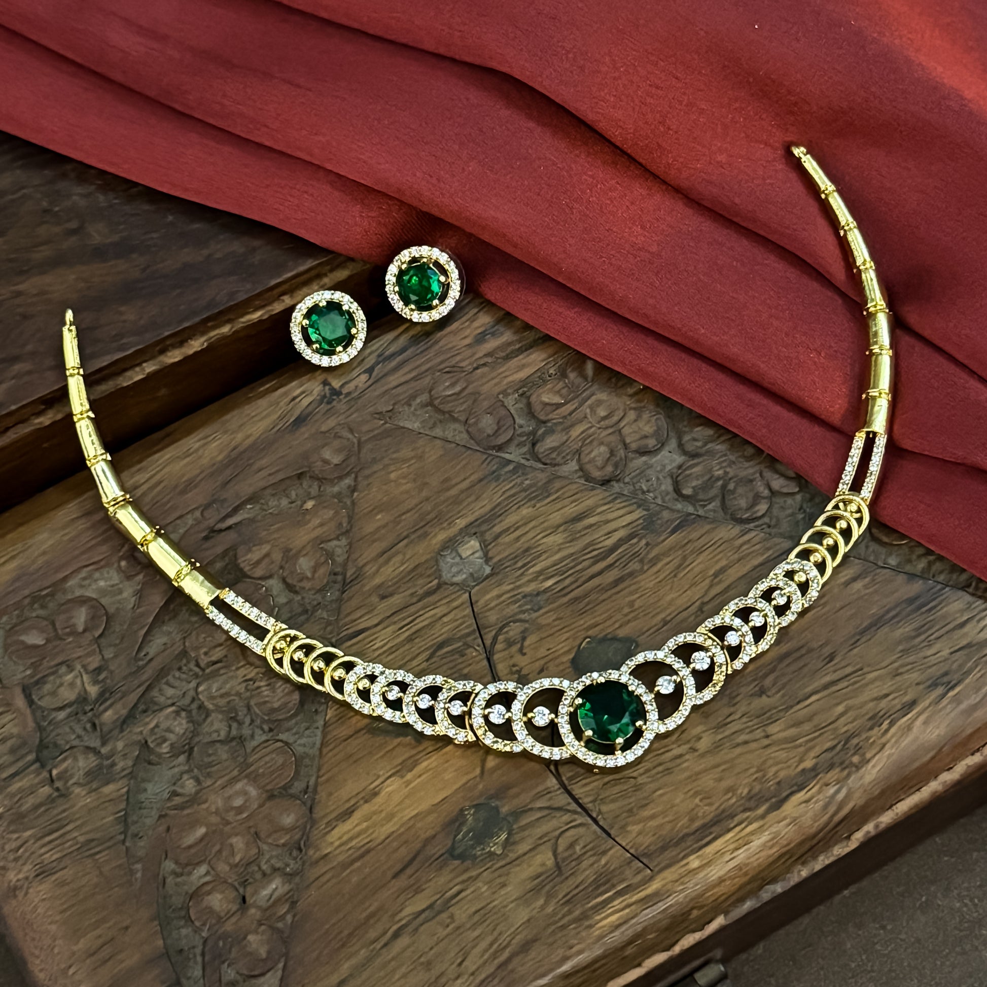 Yasira American Diamond Necklace Set - Golden & Green