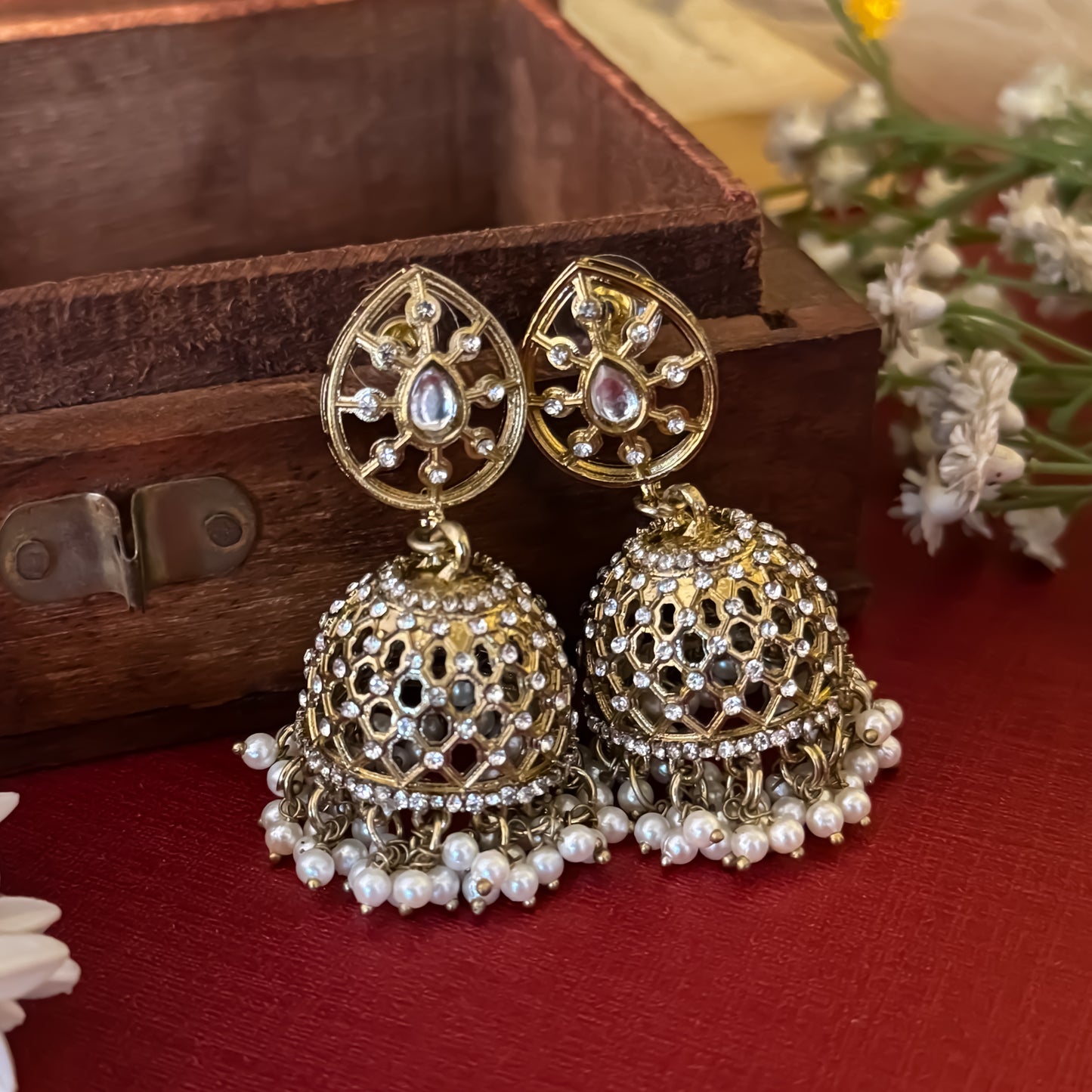 Golden Aneha Cutwork Jhumka Earrings
