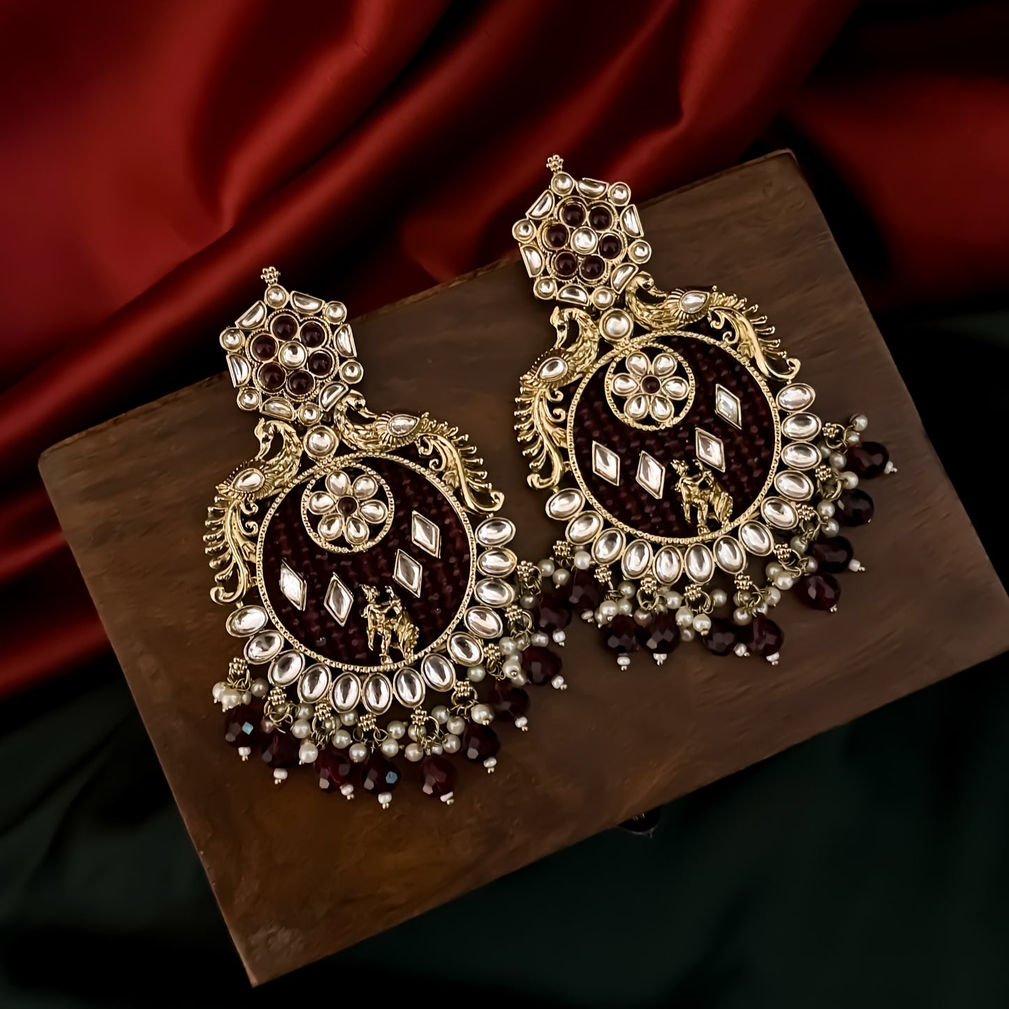 Dhwani Kundan Pearl Chandbali Earrings - Maroon