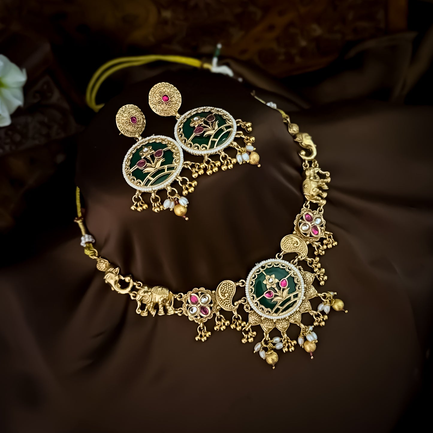 Divyanka Heritage Rajwadi Necklace Set - Pink & Green