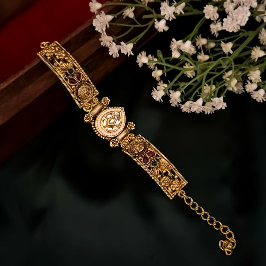 Ranjana rajwadi adjustable antique gold bracelet featuring a teardrop kundan center medallion and intricate floral side panels
