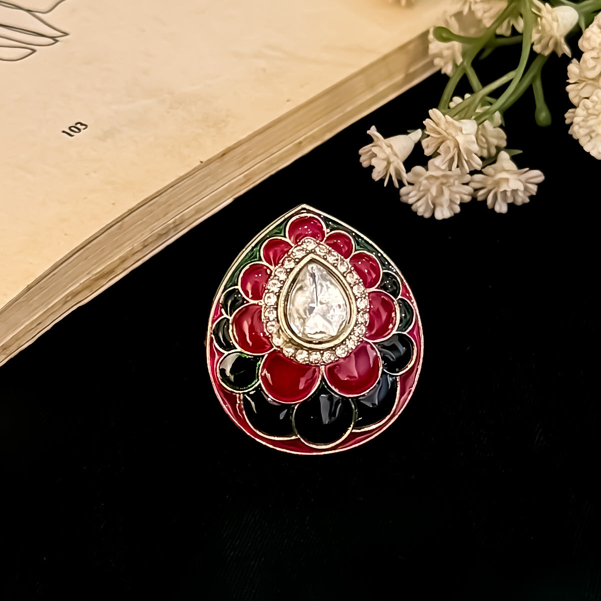 Revati Premium Meenakari Adjustable Ring - Pink & Green